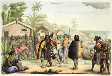 Natifs polynésiens se saluant et se frottant le nez, gravé par A. Bernati